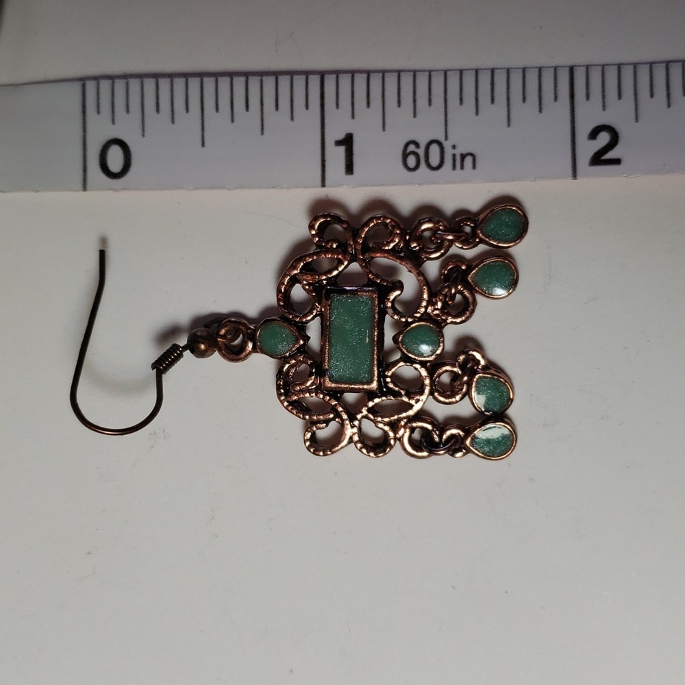 Bronze Tone Earrings with Sparkly Green Enamel - Picture 3 of 5